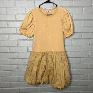 English Factory Woven Mixed Beige Mini Dress w/ Puff Sleeves Size Small
